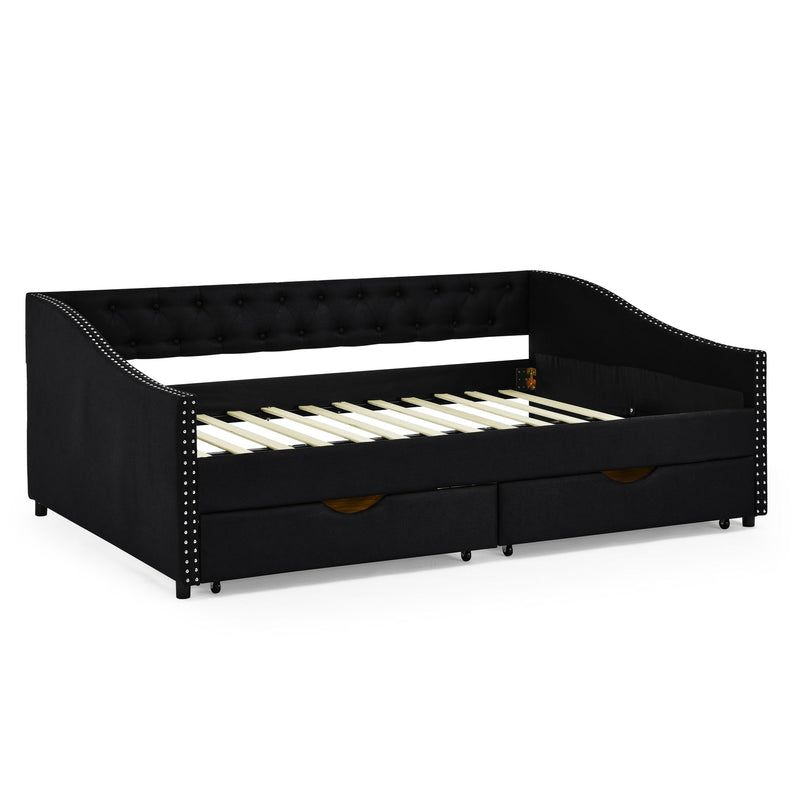 Upholstered Tufted Daybed With 2 Drawers, Waved Arms