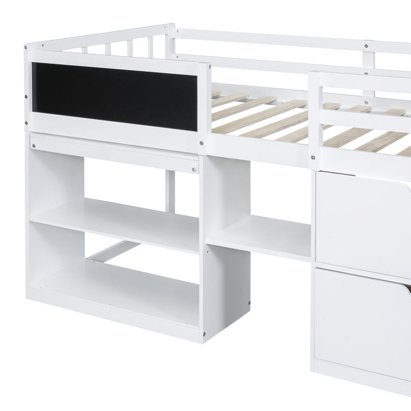 Low Loft Bed With Rolling Desk, Shelf And Drawers
