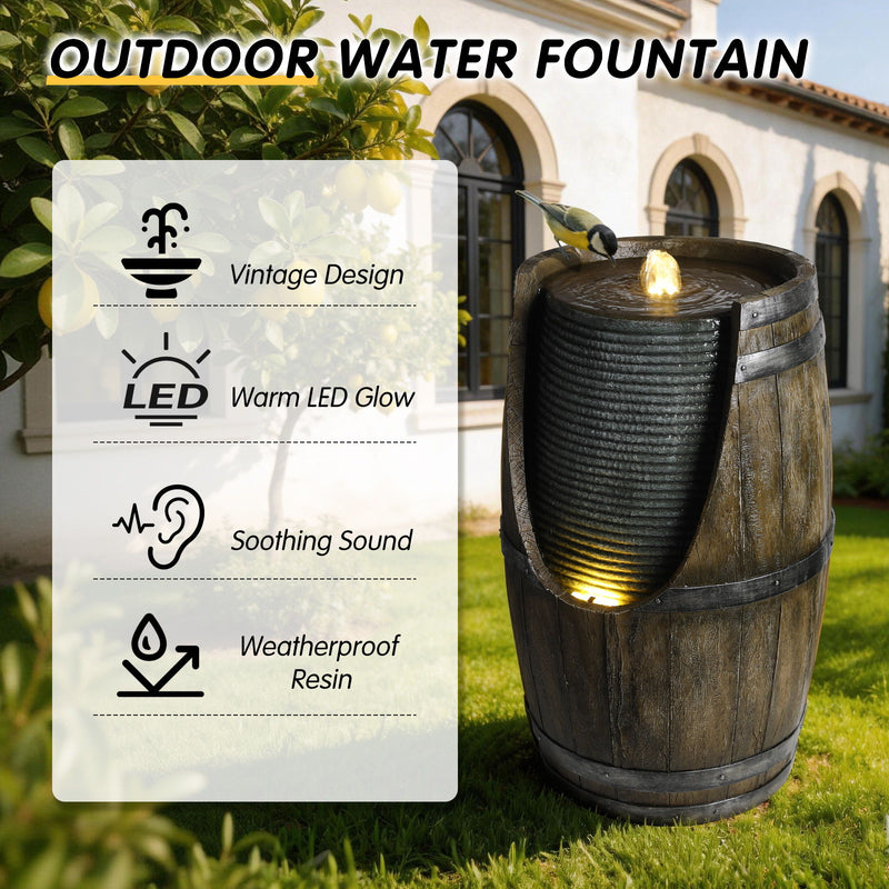 Rustic Barrel Water Fountain With LED Light
