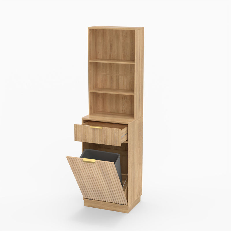 Tall Narrow Fluted Storage Cabinet With Trash Bin Compartment For Kitchen (Trash Can Not Included)