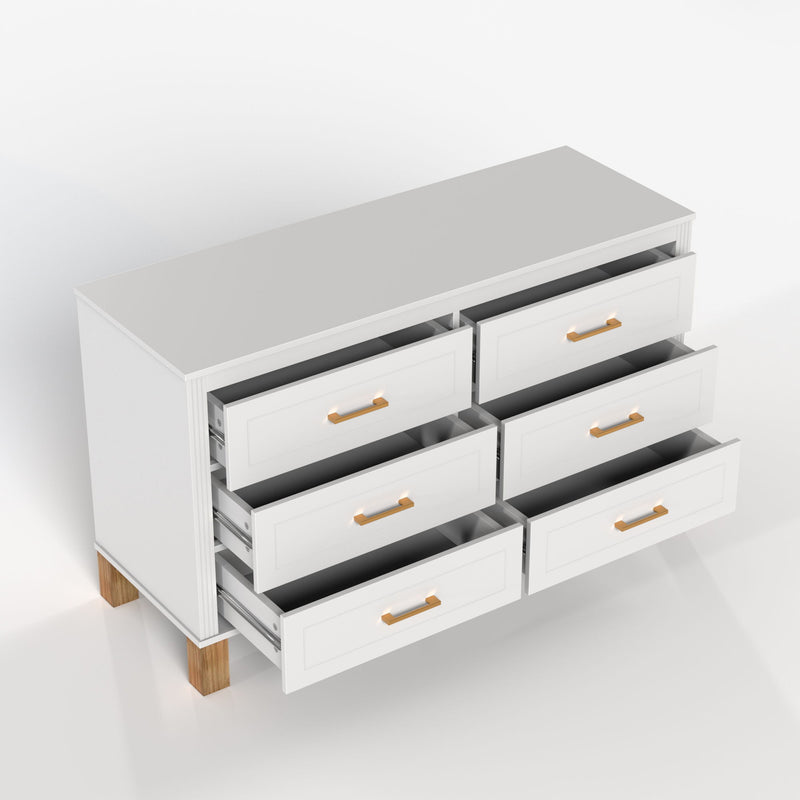 6 Drawer Double Dresser With Handles, Storage Cabinet - White