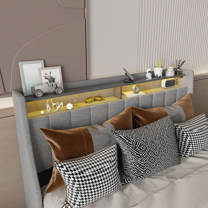 Queen Size Bed Frame With LED Lighting, Winged Headboard With Storage Drawers - Light Gray