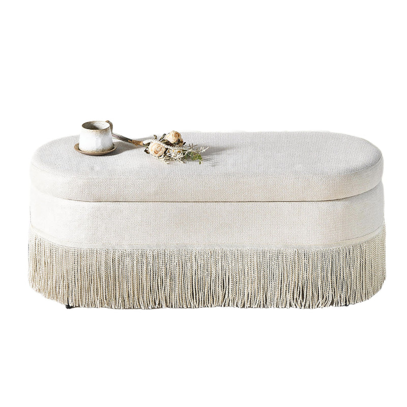 Oval Upholstered Storage Ottoman With Fringe Trim & Lift Top Lid