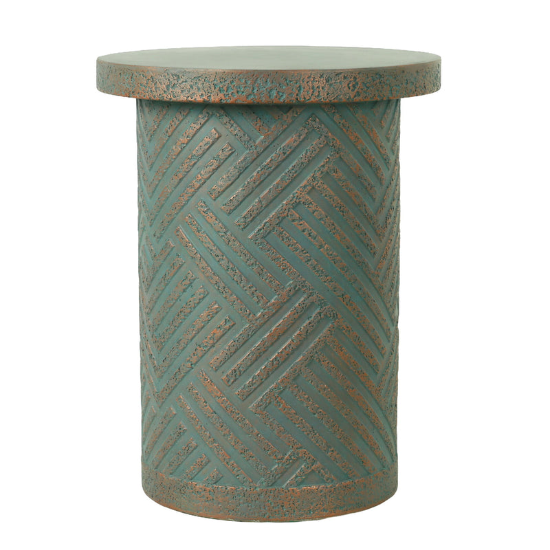 Round Outdoor End Table With Tree Stump Design For Patio - Golden / Green / Peacock