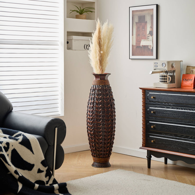 Hand Woven Bamboo Floor Vase, Decorative Accent For Living Room - Acacia Wood