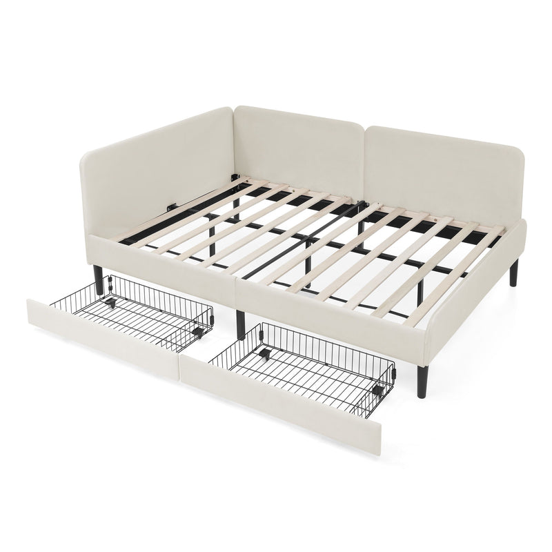 Upholstered Platform Bed Frame With 2 Storage Drawers And Adjustable Sofa Bed