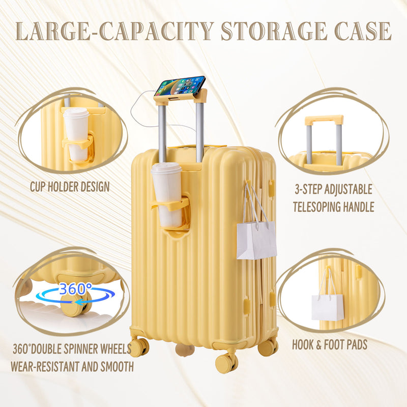 20" / 24" / 28" 3 Pieces / Set Spinner Wheel Luggage, Carry On Suitcase, With Cup Holder & USB Port & Phone Holder