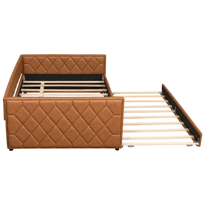 Upholstered Full Long Daybed With Trundle And LED Armrests - Brown