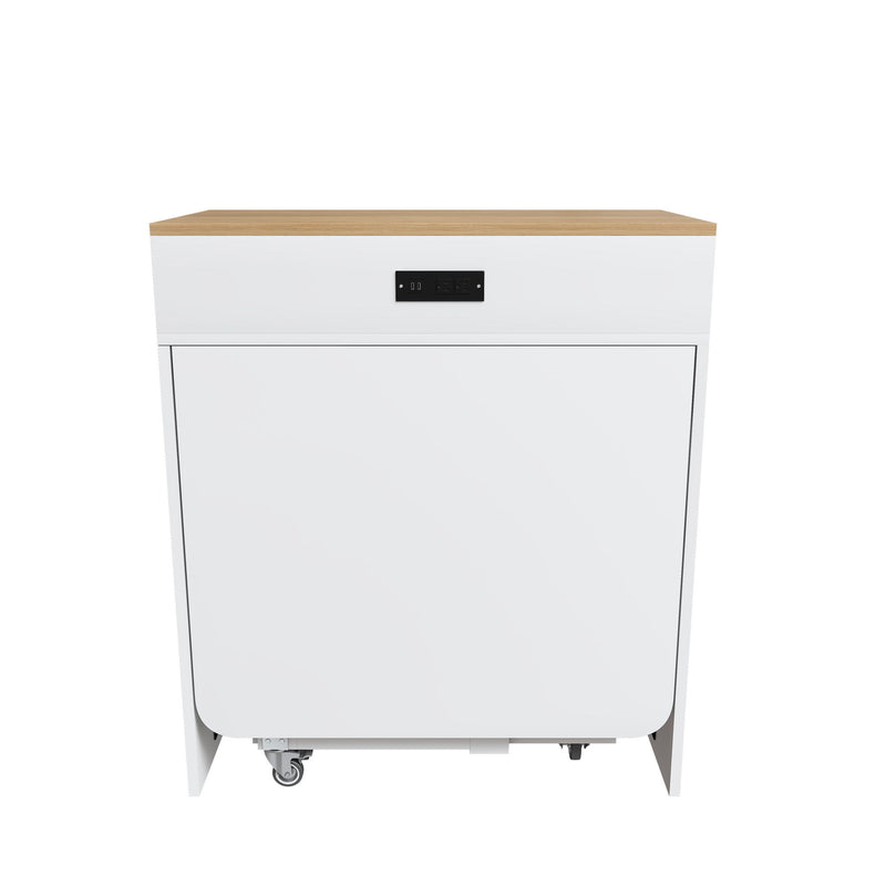 Extendable Dining Table With Power Socket, Lockable Casters, Storage Cabinet