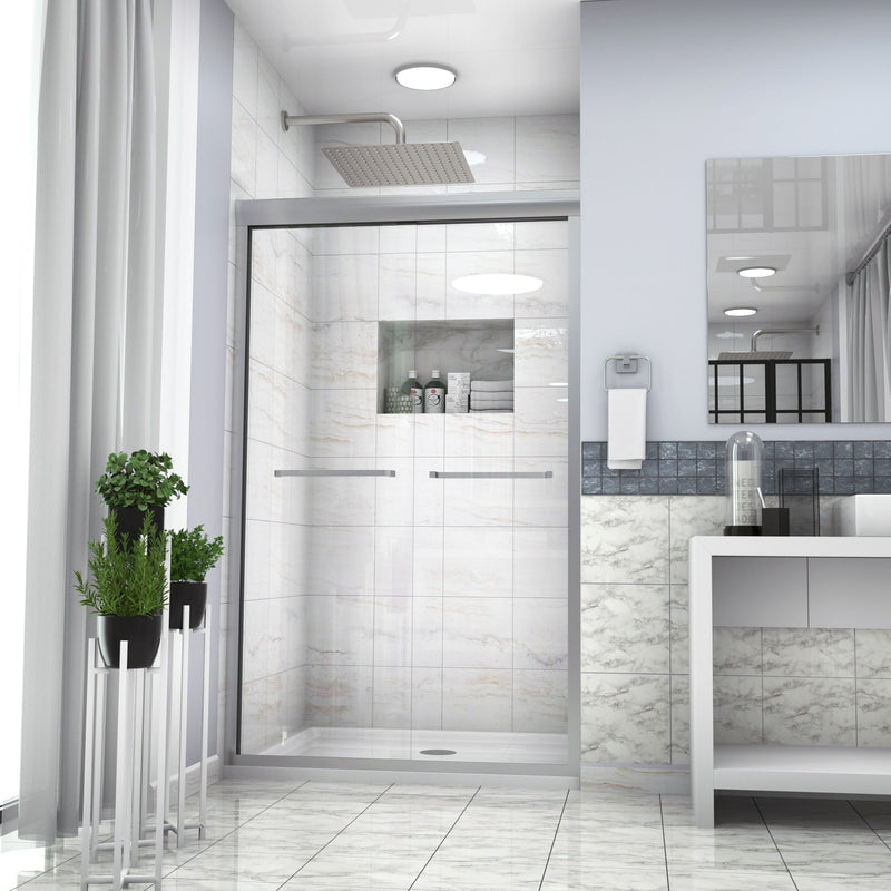Modern Semi Frameless Bypass Sliding Shower Enclosure - Brushed Silver
