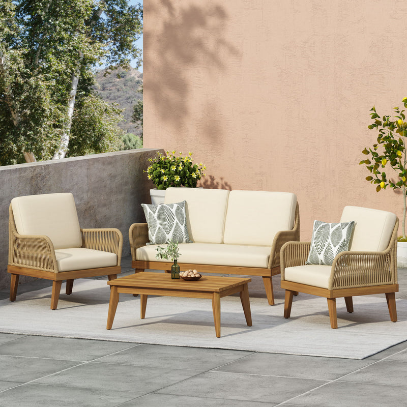 Hueber - Outdoor And Rope 4 Seater Chat Set With Cushions - Teak