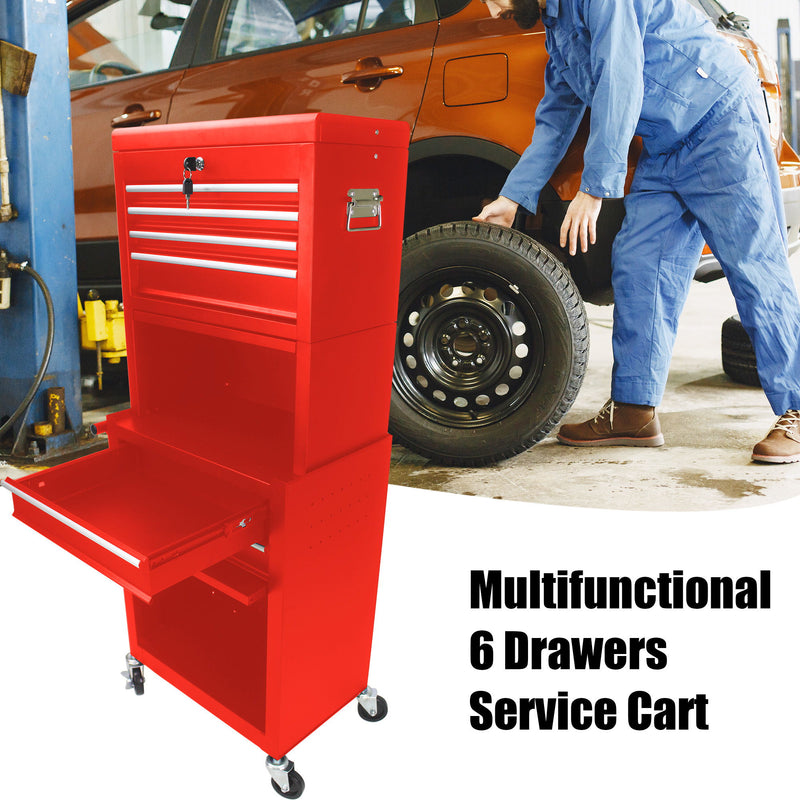 6 Drawer Lockable Tool Cabinet On Wheels, Steel Rolling Tool Chest With Detachable Toolbox