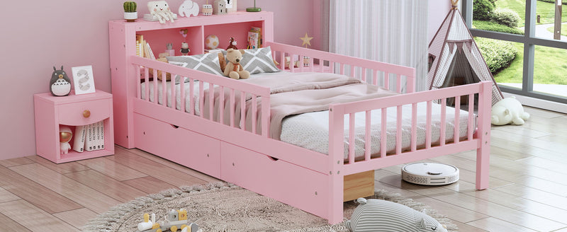Bed With Headboard Storage Rack, 2 Under Bed Drawers, 3 Side Guardrails For Safety