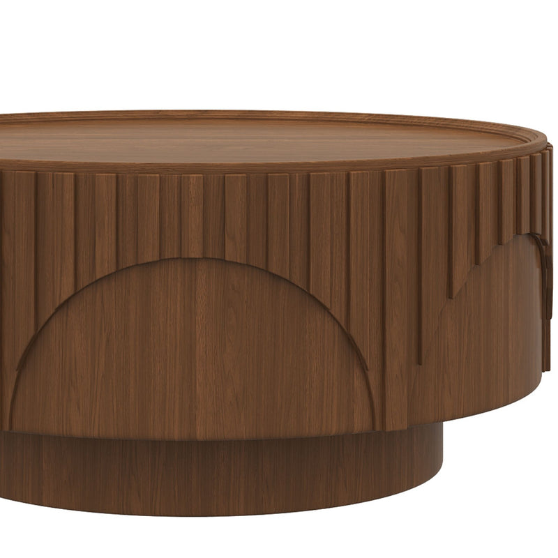 Round Fluted Drum Coffee Table With Sturdy Base For Living Room
