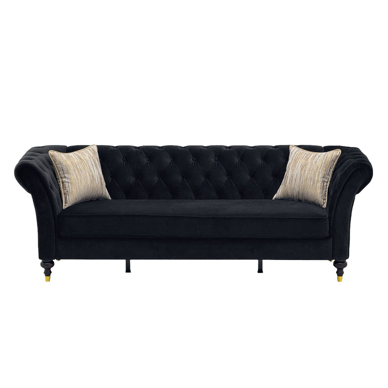 3 Seater Button Tufted Sofa With Rolled Arms, Living Room Couch With 2 Pillows - Black