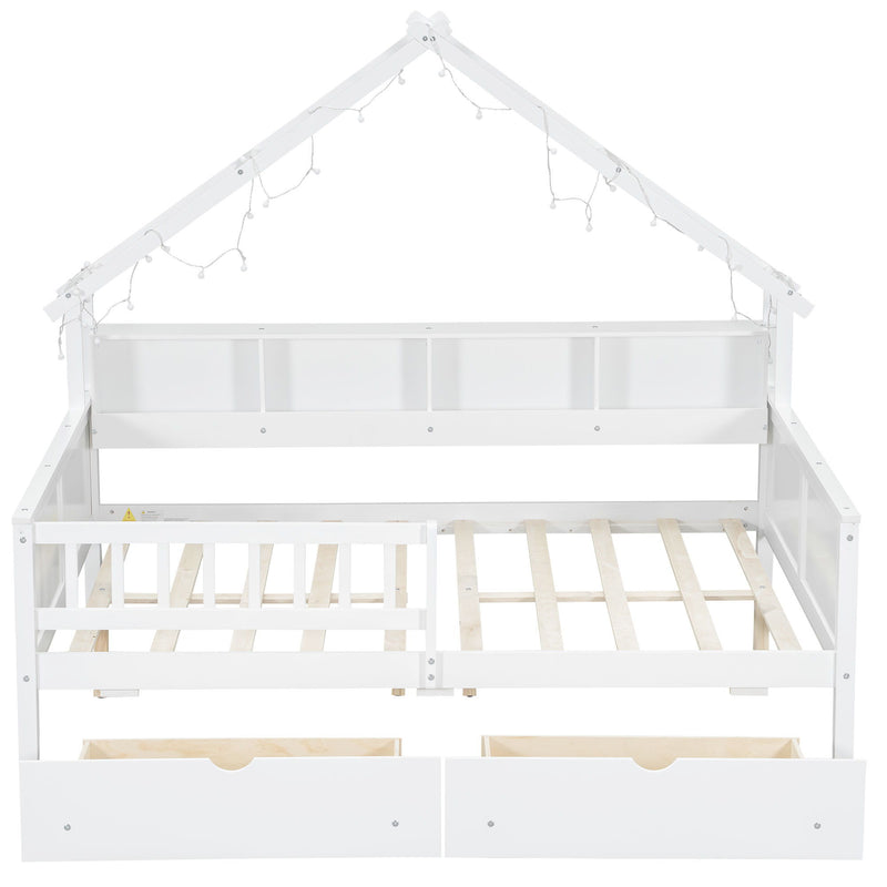 House Style Platform Bed With LED Lights, Storage Shelves, Drawers, And Guardrail