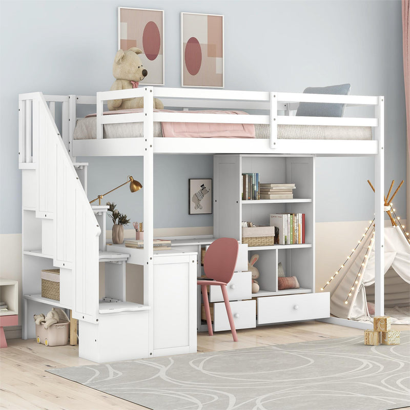 Loft Bed With L Shaped Desk, Drawers, Cabinet, And Storage Staircase