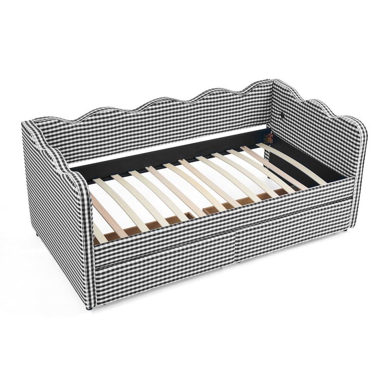 Gingham Daybed With USB Charging Port, Wave-Shaped Design