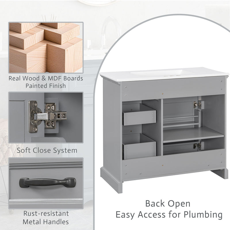 36" Bathroom Vanity With Sink, 2 Tip-Out Drawers, Soft Close Hinges