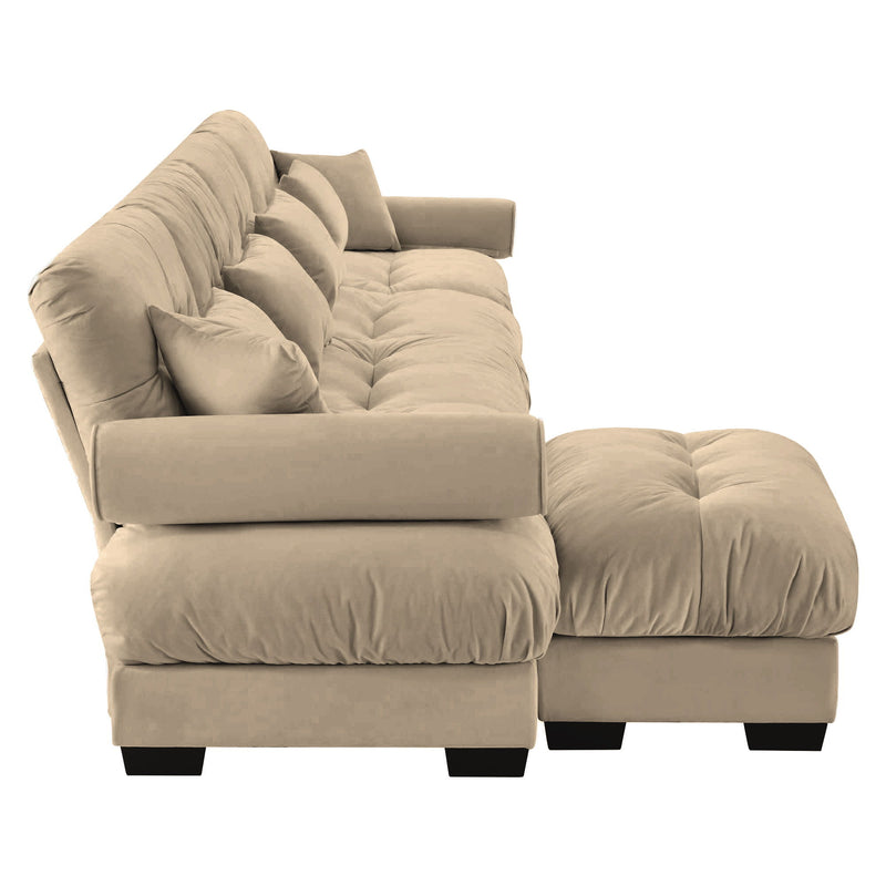 Modern Sectional Sofa With Ottoman, Round Bolster Armrests, Waist And Throw Pillows