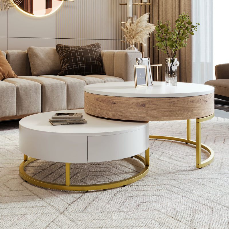 Modern Round Lift-Top Nesting Coffee Tables With 2 Drawers