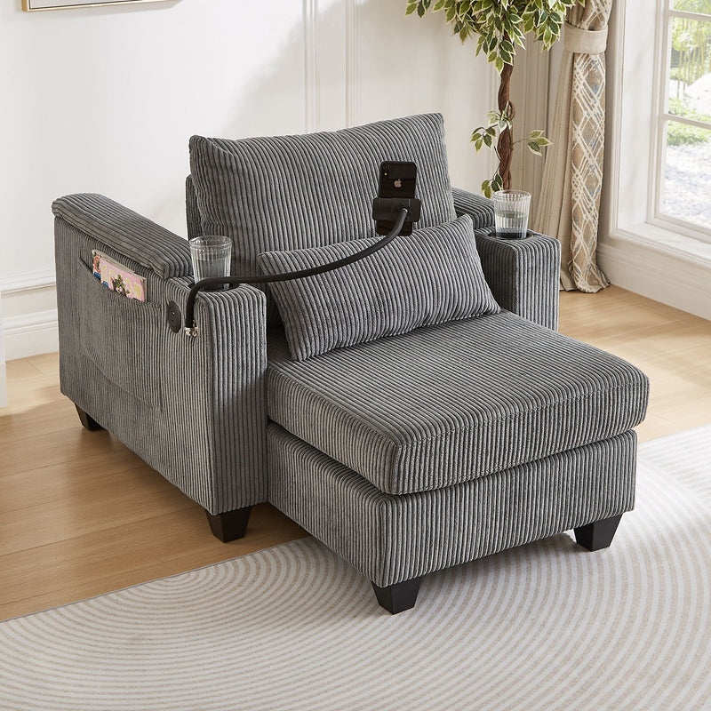 Convertible Chaise Lounge Sofa Chair With USB Ports, Cup Holders, Phone Holder And Storage