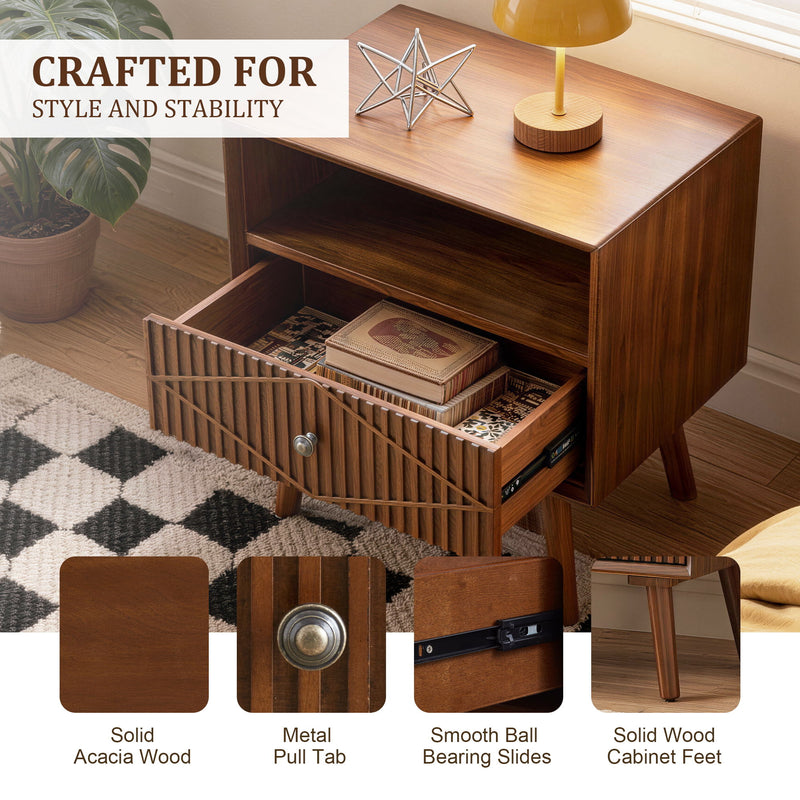 Nightstand With Carved Geometric Drawer Front, 1 Drawer And Open Shelf, Bedside Table For Bedroom - Walnut