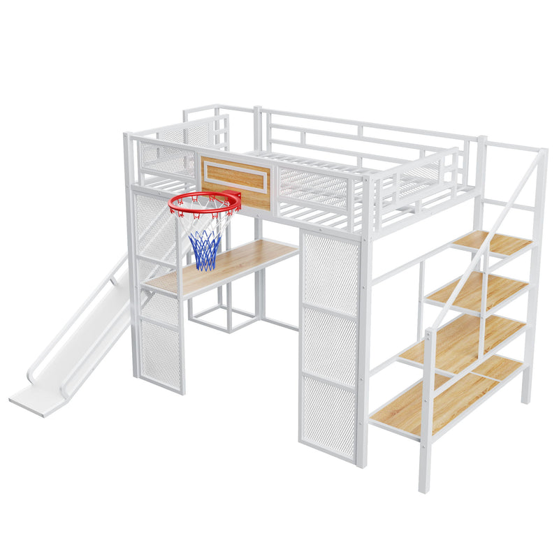 Loft Bed With Built In Desk, Open Wardrobe, Basketball Hoop, Slide And Staircase