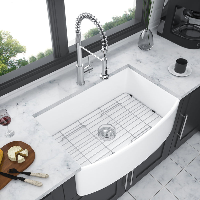 Ceramic Farmhouse Sink, Apron Front Single Bowl With Arch Edge