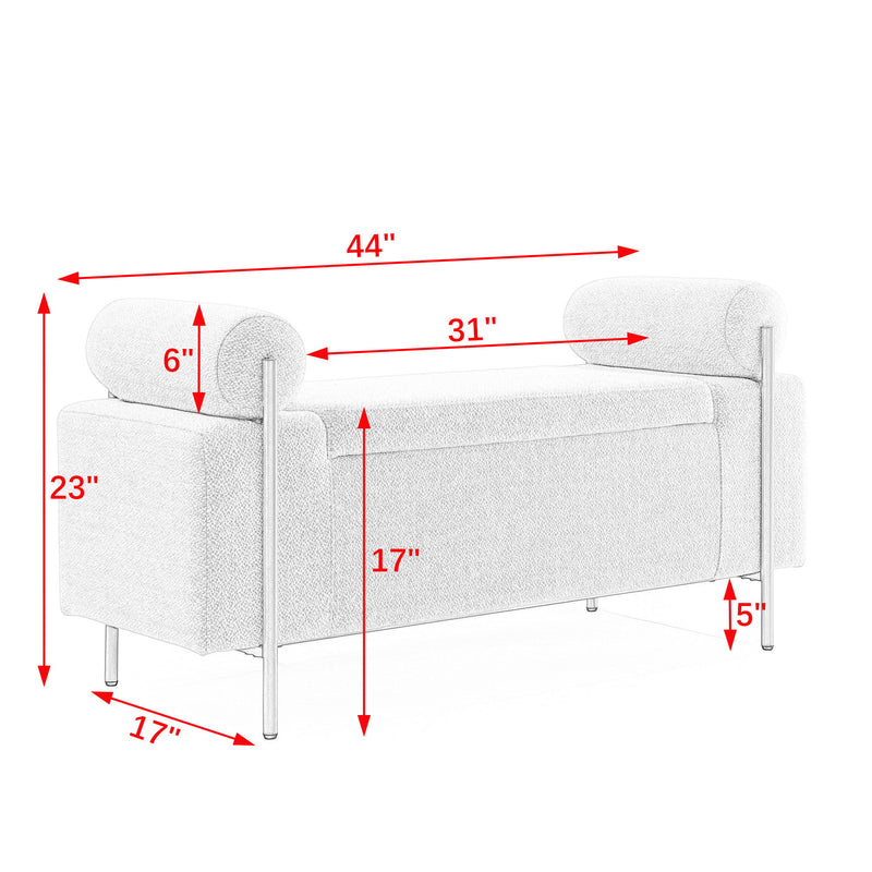 Elegant Upholstered Storage Bench With Cylindrical Arms And Iron Legs,