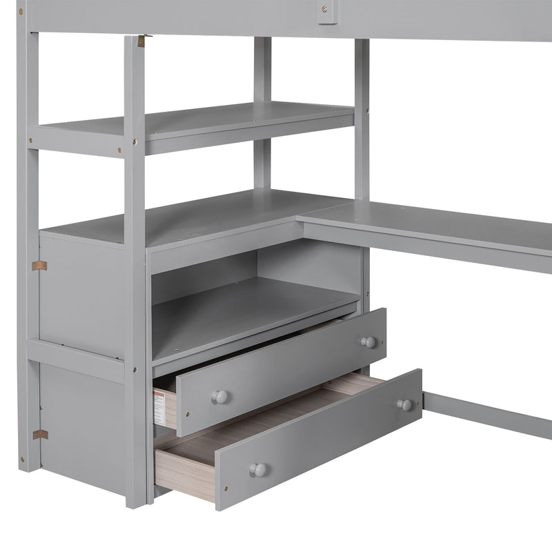 Loft Bed With Desk, Shelves, 2 Drawers, Storage Staircase