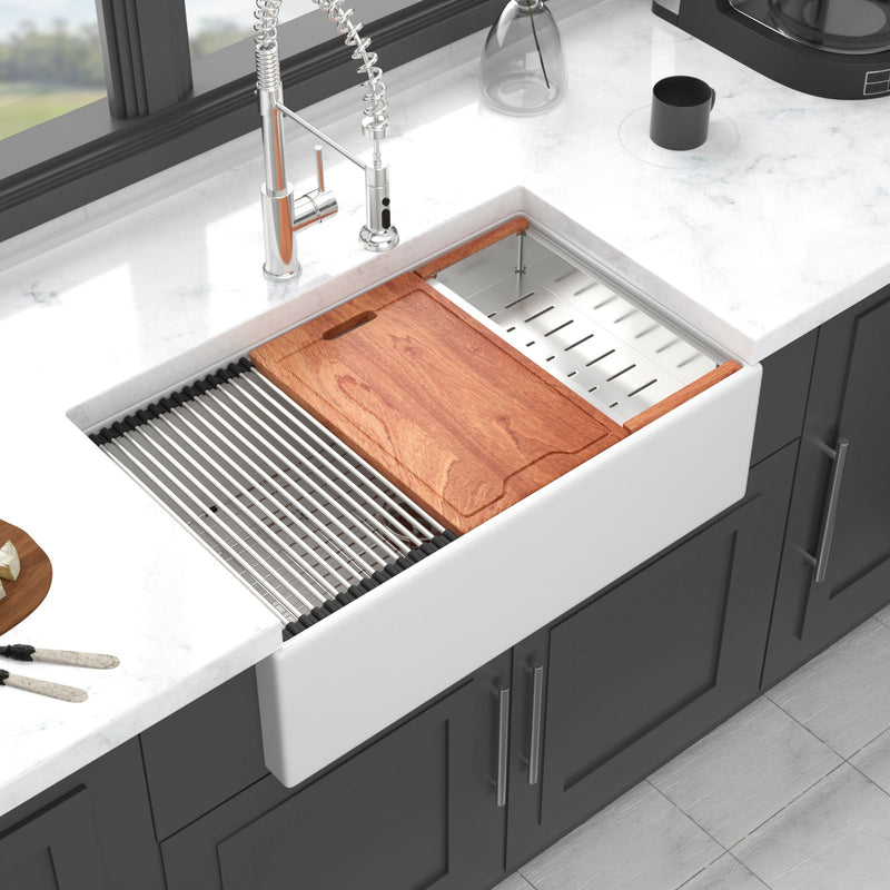 Farmhouse Sink Workstation, Ceramic Single Bowl With Accessories