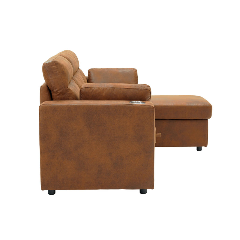 Convertible Sectional Sofa With Storage Chaise, Cup Holders And Pull Out Sleeper