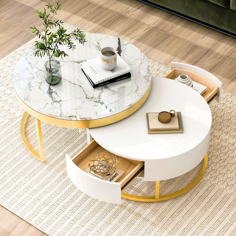 Round Nesting Coffee Table With Drawers - Golden / White
