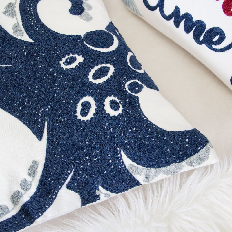Octopus Patterned Pillow Cover With Matching Back - White