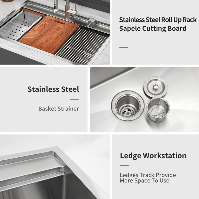 33" Drop In Kitchen Sink With Workstation, 16 Gauge Stainless Steel - Brushed Nickel