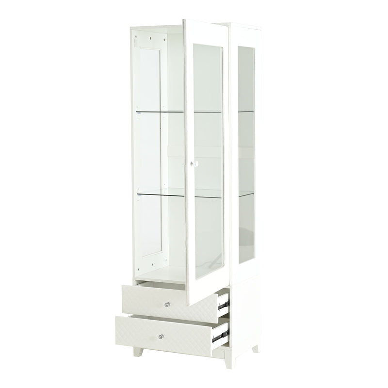 Modern Upholstered Glass Display Cabinet With Adjustable LED Light - White