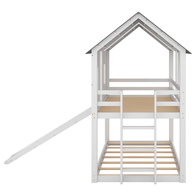 Twin Over Twin House Bunk Bed & Slide And Windows - White