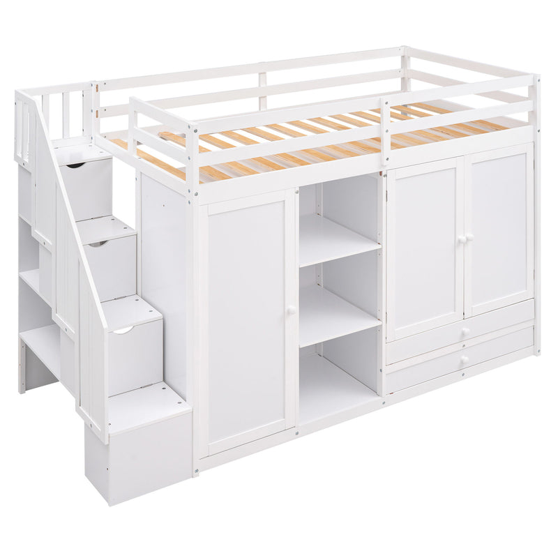 Loft Bed With 3 Shelves, 2 Wardrobes, 2 Drawers, Ladder Storage