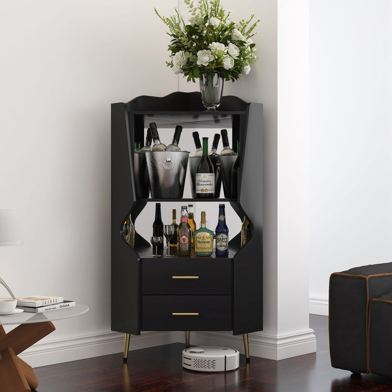 Corner Bar Cabinet With Mirrored Back, 2 Open Shelves & 2 Drawers, High Legs For Easy Cleaning