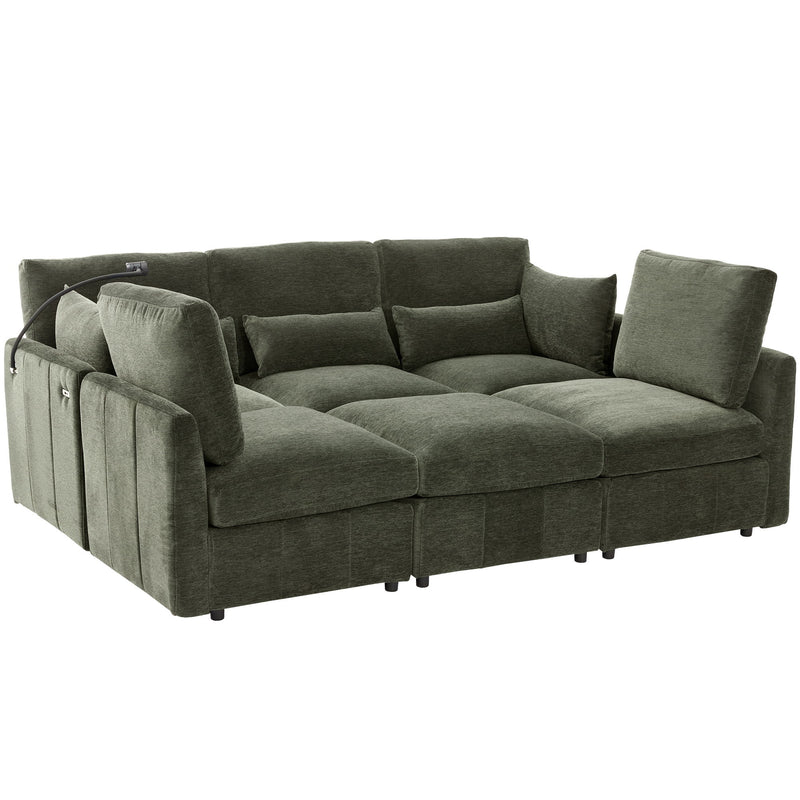 Modern Modular U-Shaped Sofa Bed With Movable Ottoman, USB Ports, Phone Holder