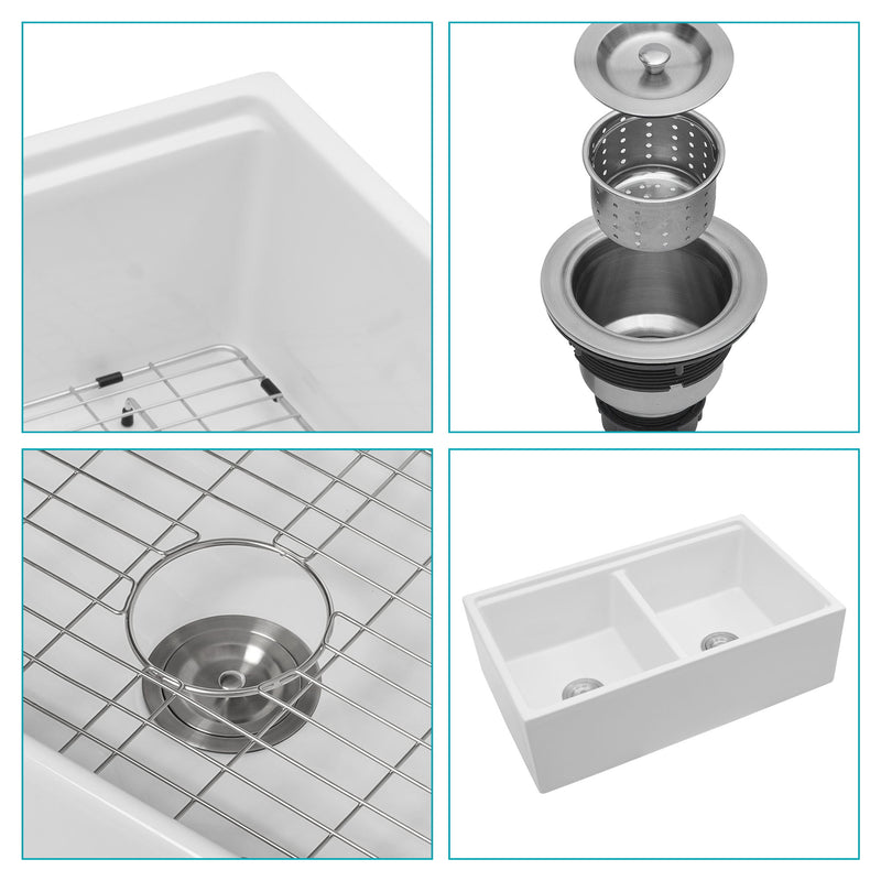 Farmhouse Sink Workstation 33" Ceramic Double Bowl Kitchen Sink With Ledges - White