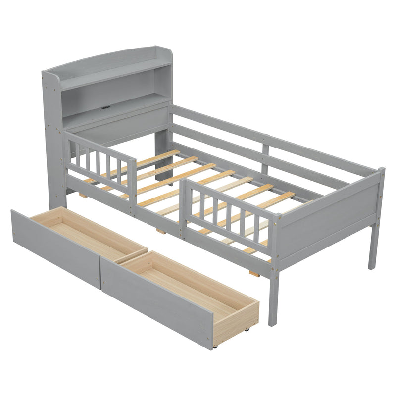 Platform Bed With LED Light, Multi Functional Headboard, Guardrail And 2 Drawers