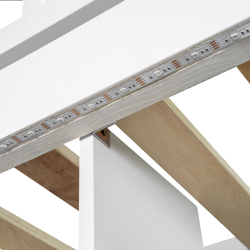 Loft Bed With Built In L Shaped Desk, LED Lights, Storage Shelves, Cabinets, And Staircase