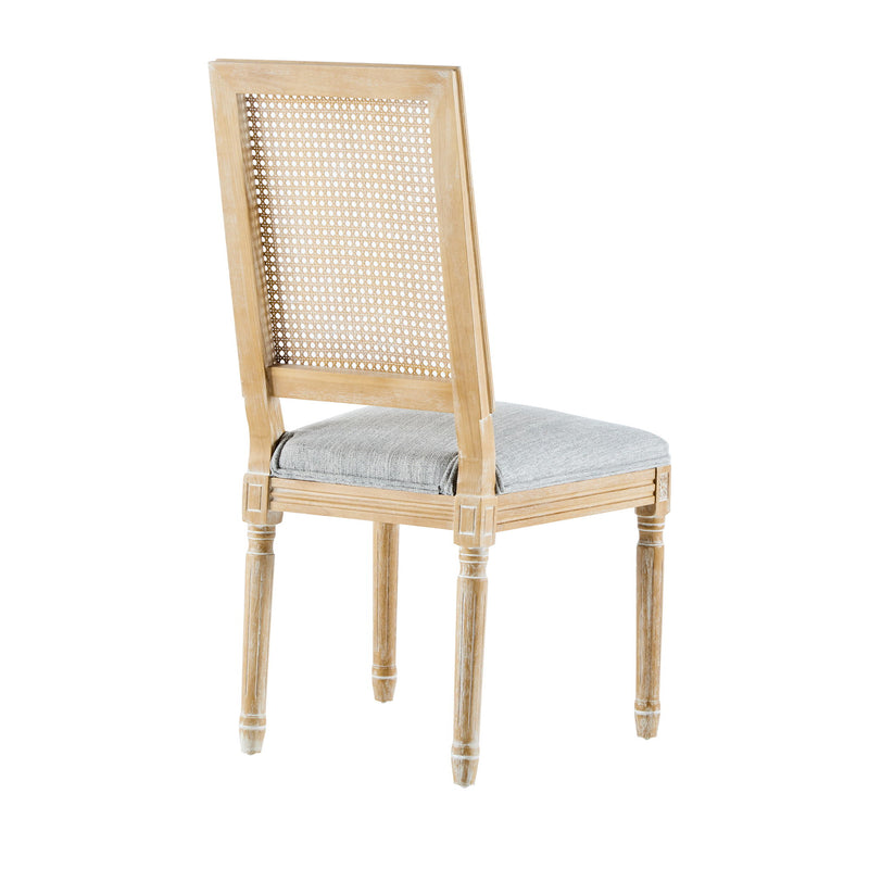 French Country Dining Chair With Rectangular Cane Backrest And Smooth Upholstered Seating