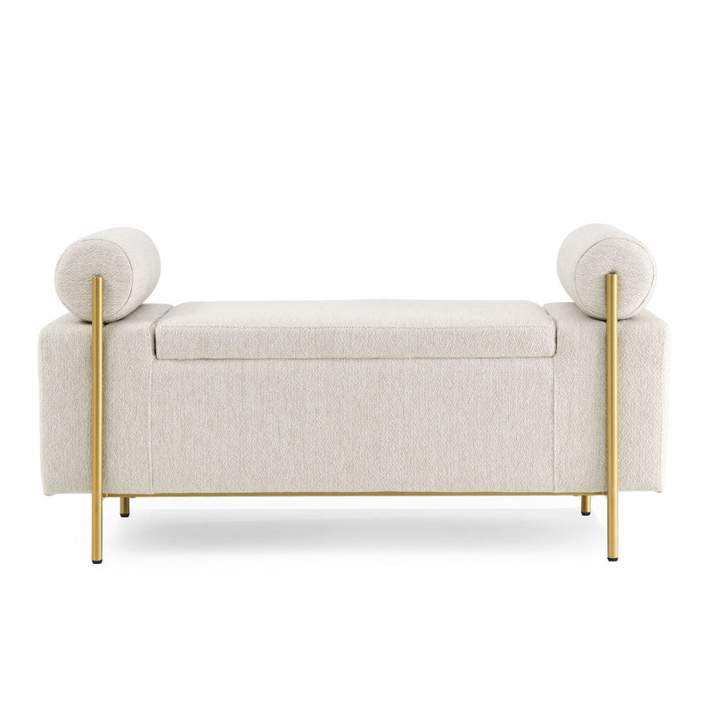 Elegant Upholstered Storage Bench With Cylindrical Arms And Iron Legs,