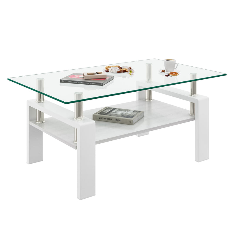 Modern Rectangular Coffee Table With Tempered Transparent Glass Top And Storage Shelf