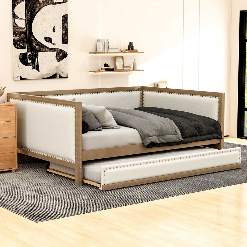 Full Size Daybed With Trundle And Nailhead Decoration - Wood