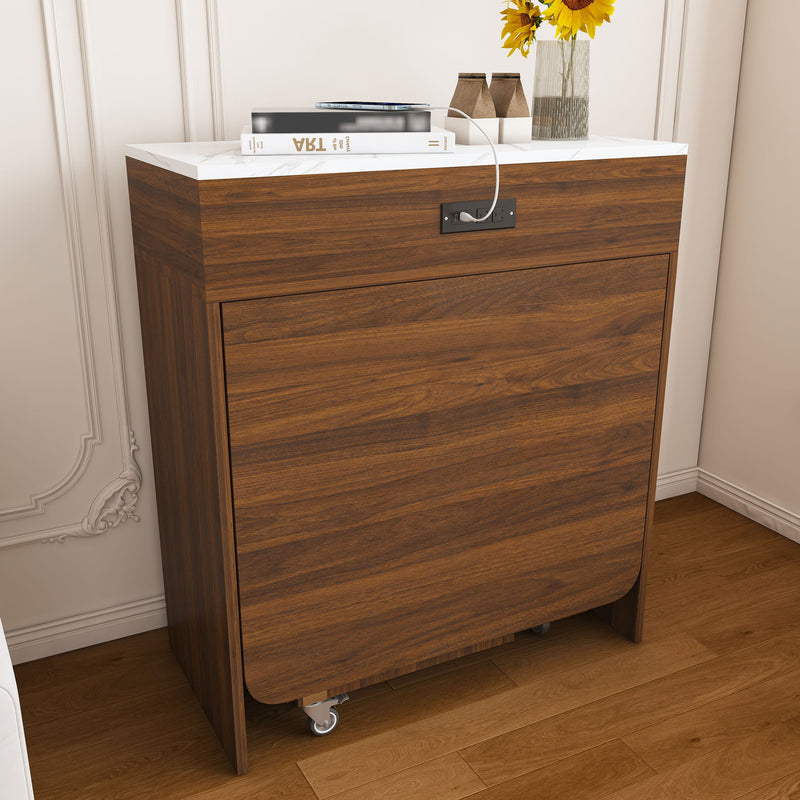 Extendable Dining Table With Power Socket, Lockable Casters, Storage Cabinet