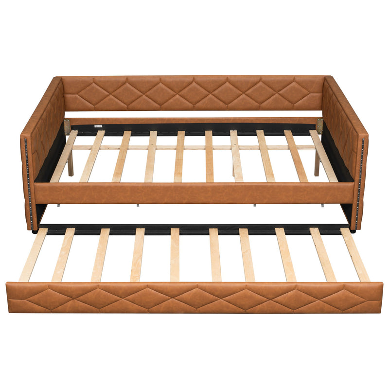 Upholstered Full Long Daybed With Trundle And LED Armrests - Brown
